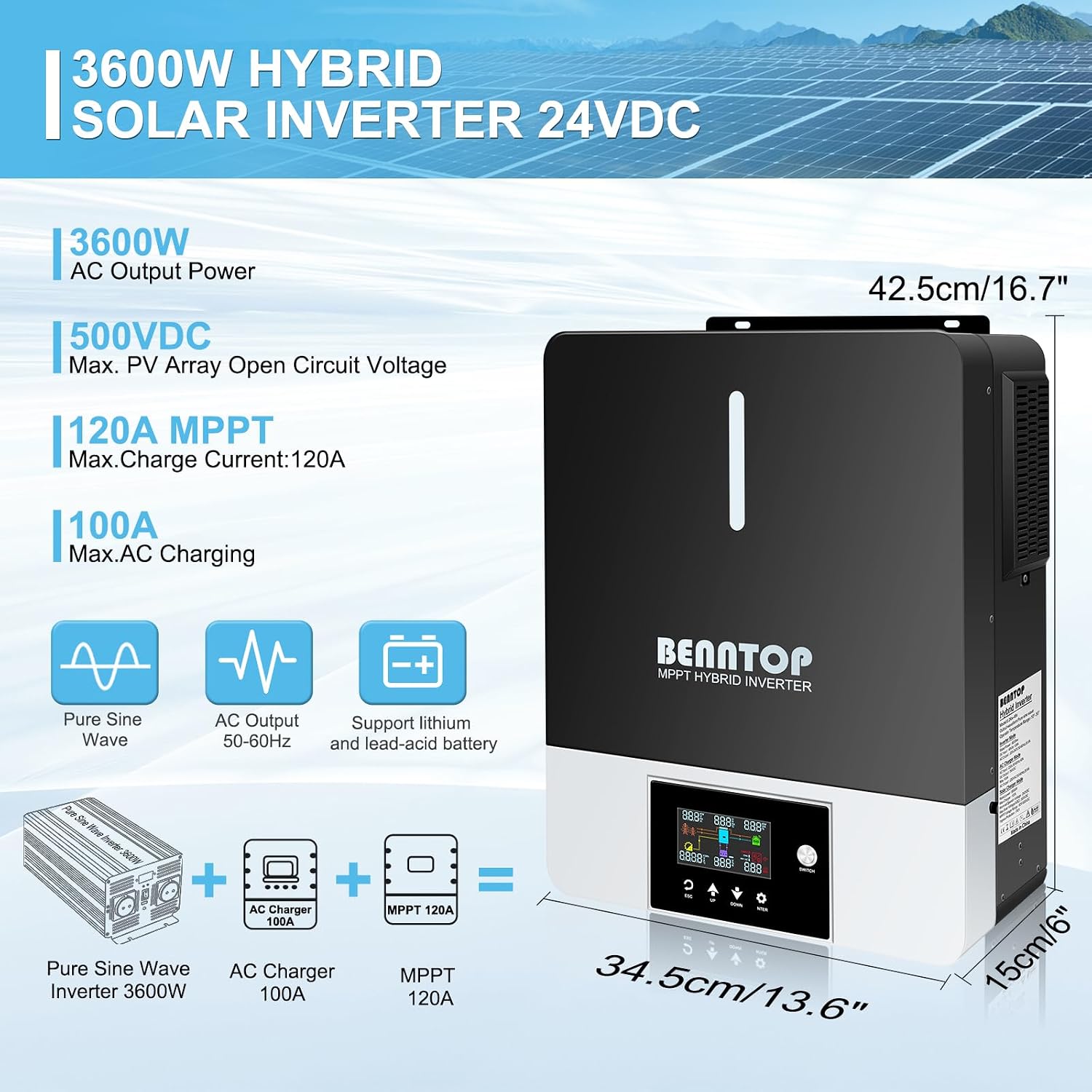 BENNTOP 3600W Hybrid Solar Inverter with key specifications and dimensions