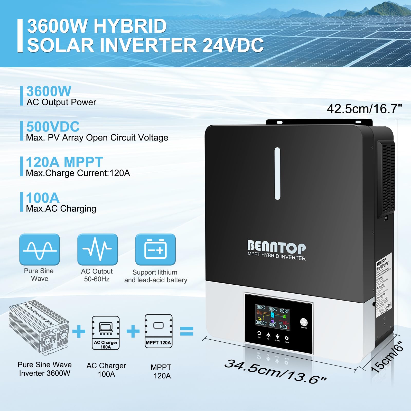 BENNTOP 3000W Hybrid-Wechselrichter 24V → 230V, Reiner Sinus, 80A MPPT, 400V PV-Eingang, Für LiFePO4 & Blei