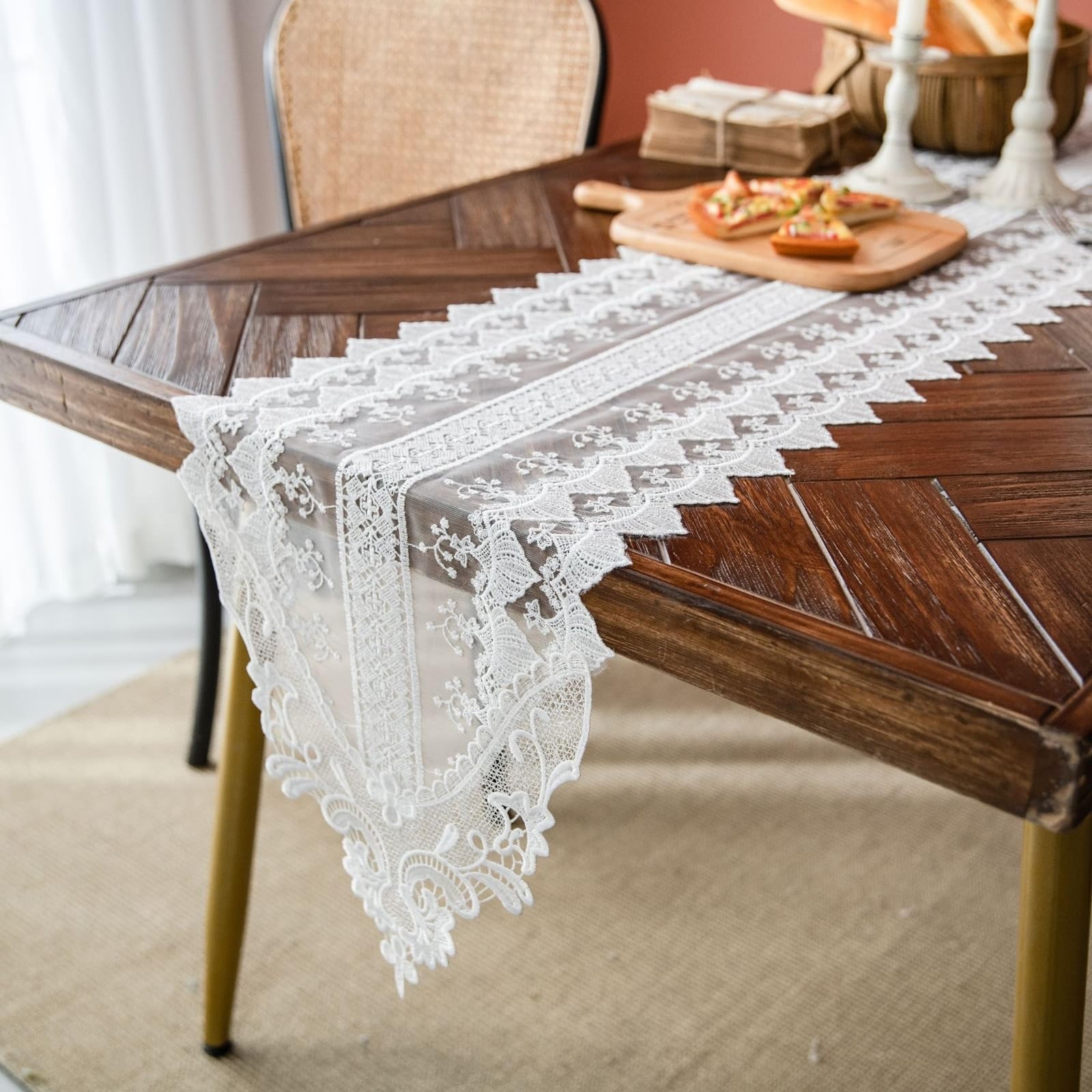 Bieżniki 35 x 310 cm, koronka, haftowana z kwiatowym wzorem, bieżnik na stół, bieżnik na stół, bieżnik na stół, bieżnik w stylu wiejskim, do jadalni, na imprezę i urlop, biały
