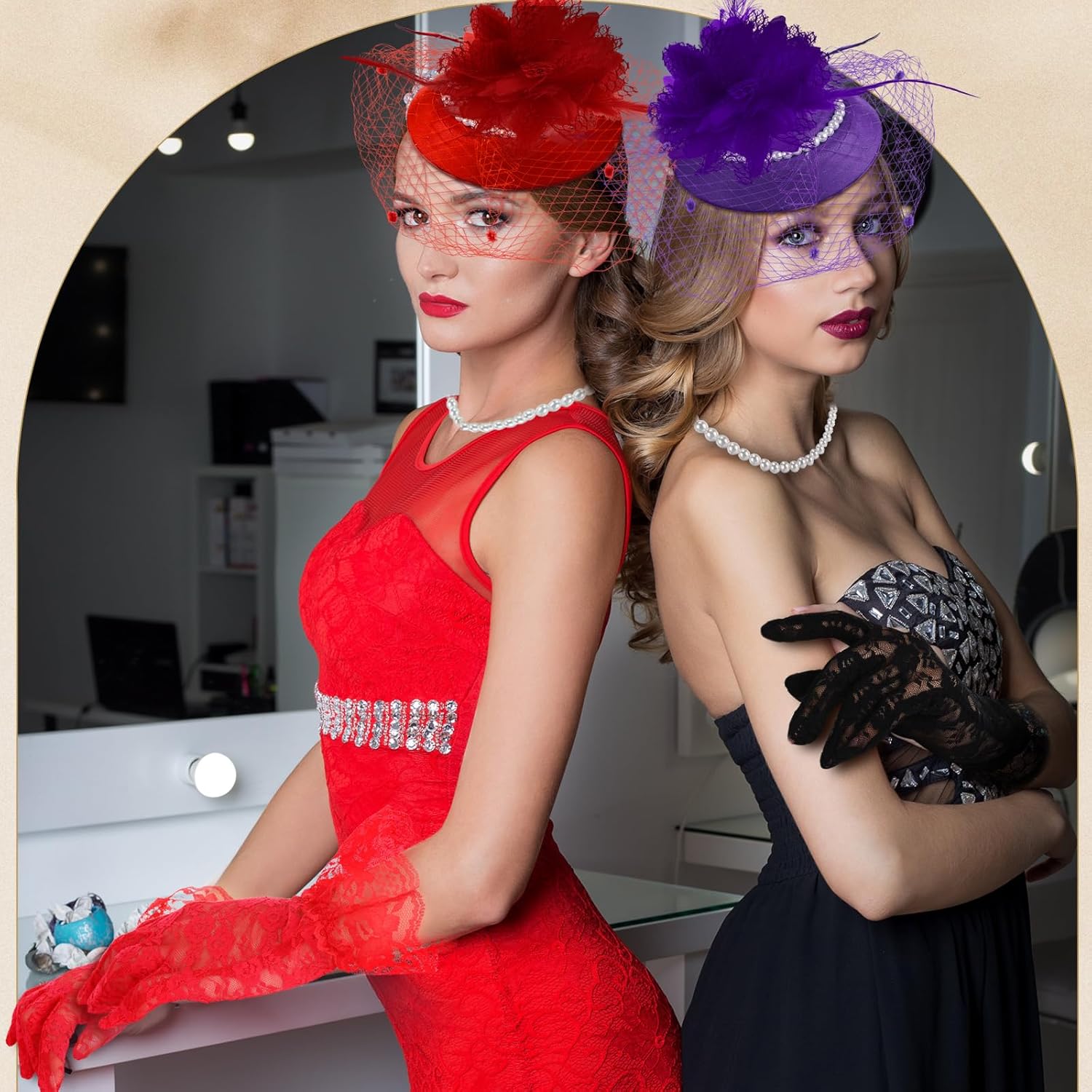 Shinymoon 24 Pcs Women Fascinators Hats Tea Party Hats Lace Gloves and Pearl Necklace Set Vintage Veil Cocktail Headpiece for Wedding Church Evening Funeral Accessories - Image 6