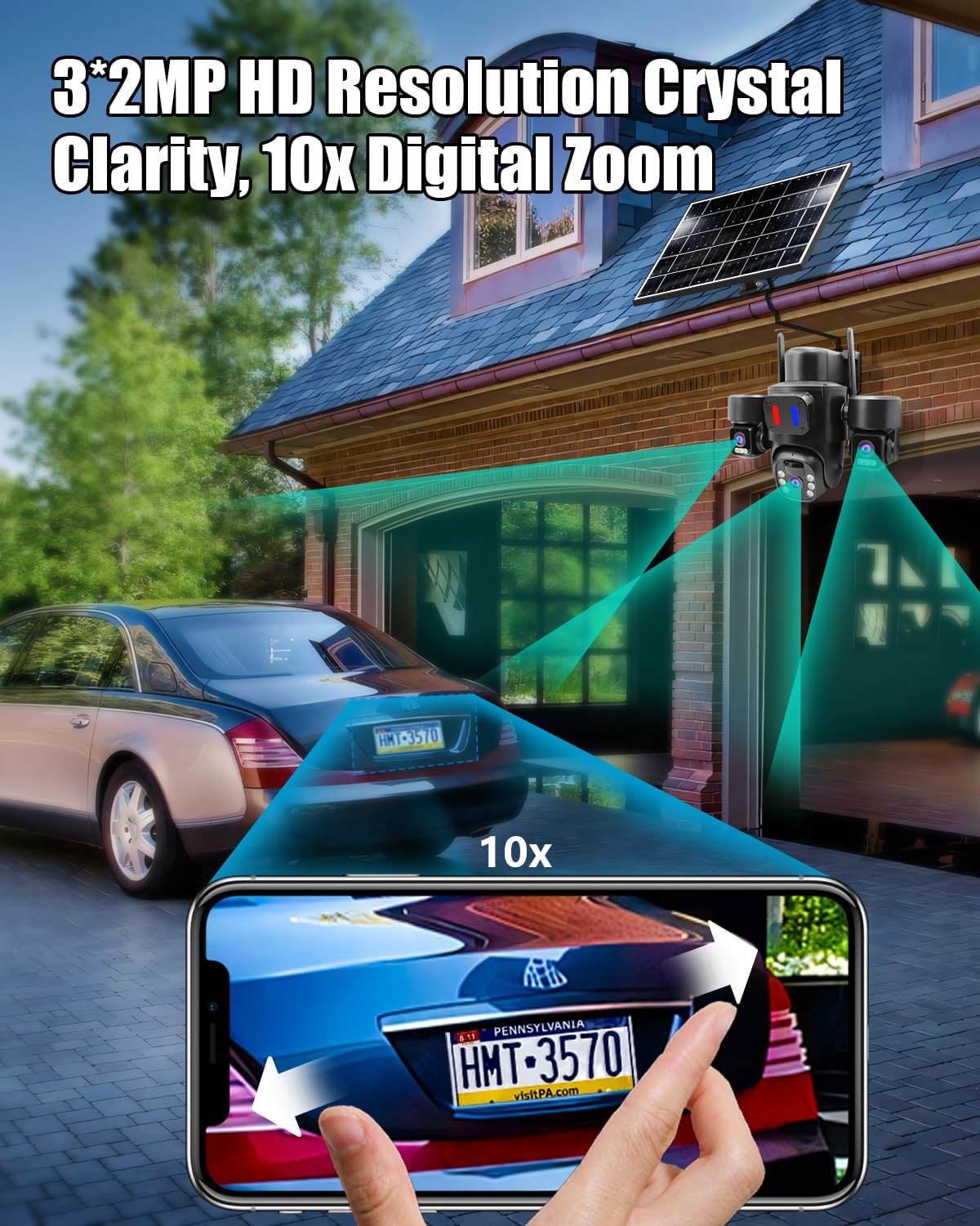 Solar Wireless Security Camera Outdoor for Home Surveillance, Triple-Lens Linkage PTZ 360º Monitoring, 3 * 2MP HD Resolution, Color Night Vision, No Subscription Fee Local Storage