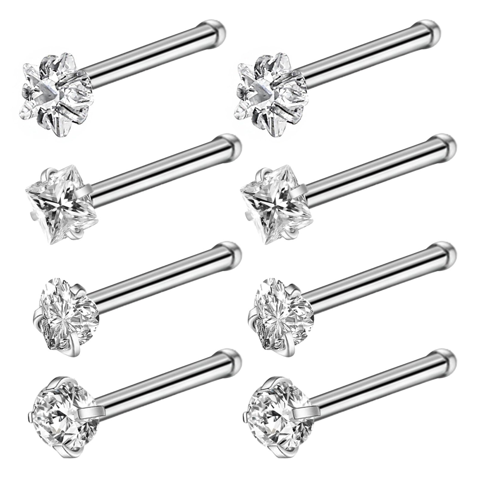 8Pcs 20G/0.88MM Nose Rings Studs 316L Surgical Stainless Steel with Slive Plated Nose Studs AAA+ Cubic Zircon Straight Nose Piercing Jewelry for Women Men
