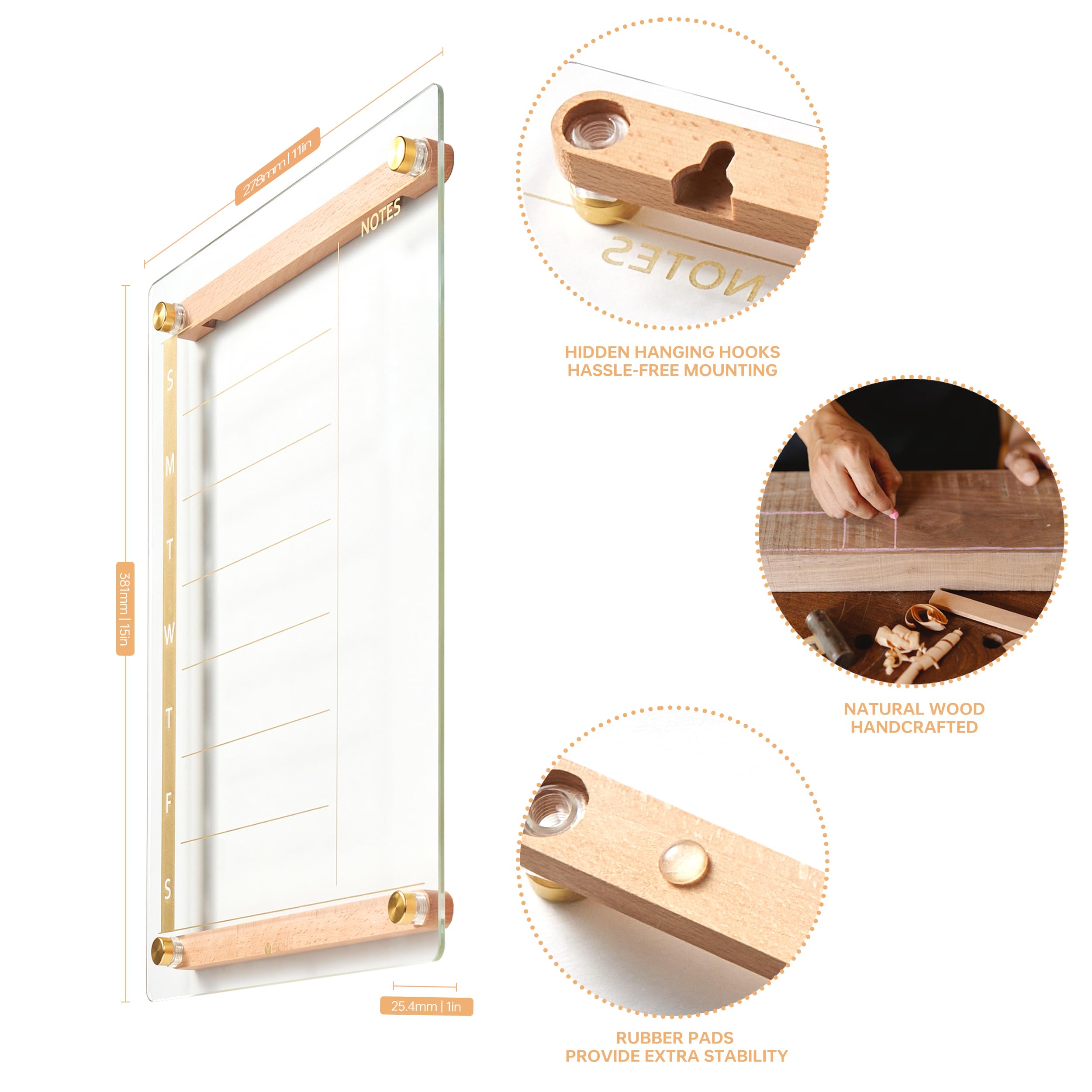 Pizarra blanca semanal de cristal dorado transparente con decoración de madera para pared, planificador de menús y comidas, pizarra blanca para cocina del hogar, 15 x 11 pulgadas, soporte de madera
