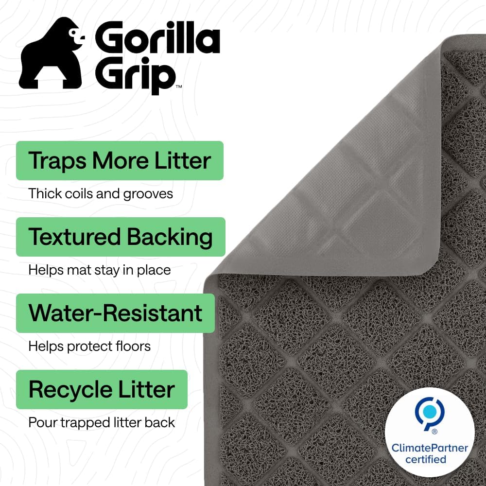 GORILLA GRIP Cat Litter Box Mat, 47x35, Cushioned Coil Mesh Litter Trapping Mats, Scatter Control Supplies for Less Mess, Phthalate Free, Ultra Deep Catch Grooves, Rinse or Vacuum to Clean, Dark Gray