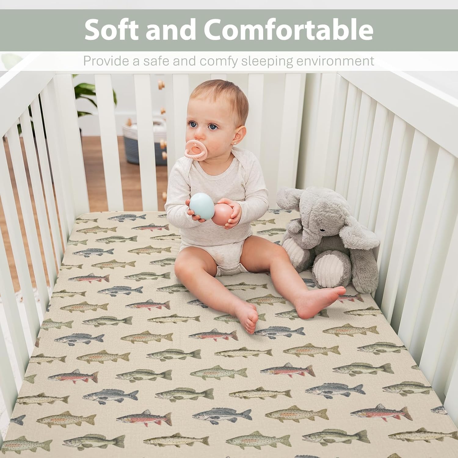 Lake Fishing Baby Crib Sheets for Boy Girl 52"x28" Freshwater Fishes Soft Snug Fitted Crib Mattress Covers Hunting Camping Nursery Baby Sheet for Crib & Toddler Bed Mattress Fishing Lover Gift