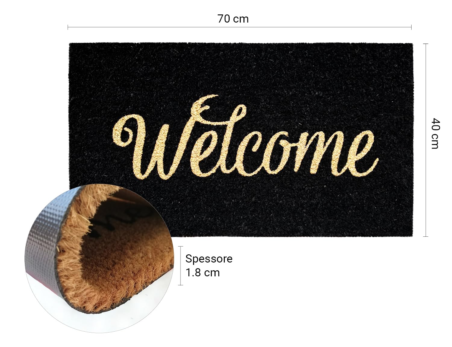 Banzaii Zerbino in Cocco da Esterno o Interno con Retro Antiscivolo e Brillantini Glitter Applicati 40x70 cm - Welcome Nero