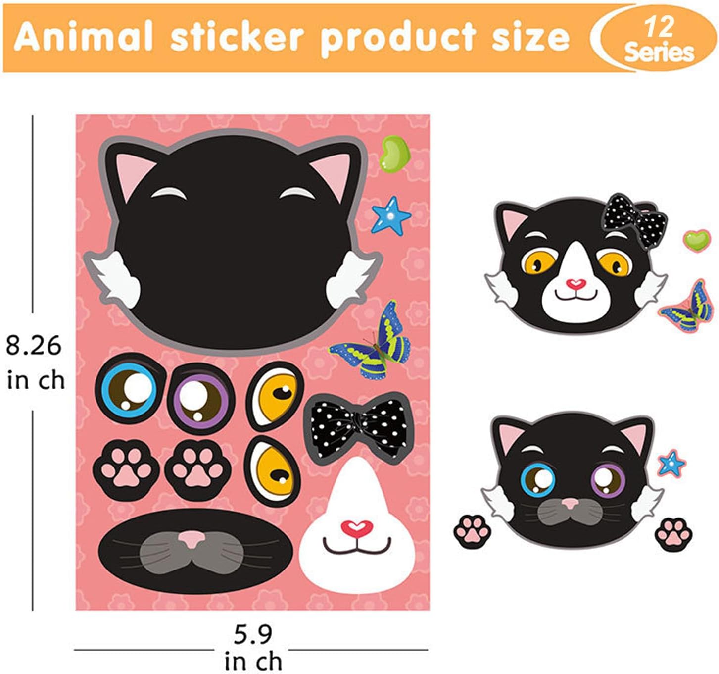 24 Sheets Cat Stickers for Kids, Make Your Own Animal Stickers for Kids, DIY Craft Gift for Birthday Party Favor Supplies