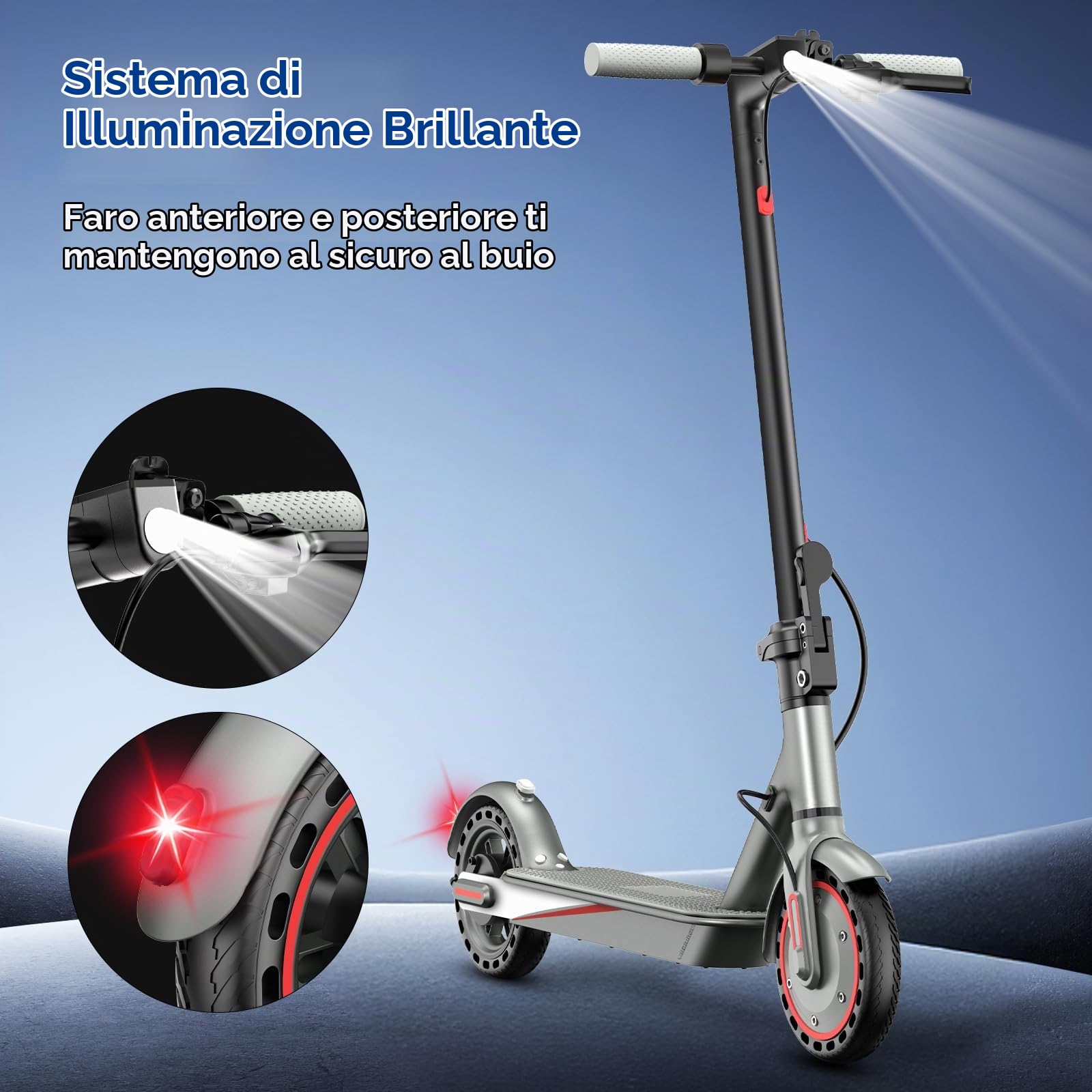 Monopattino Elettrico per Adulti, Pneumatici 10", Motore Potente 350W, Autonomia fino a 36 km, Velocità Massima 25 km/h, Doppio Sistema di Illuminazione e Freni a Tamburo, Controllo via App Smart