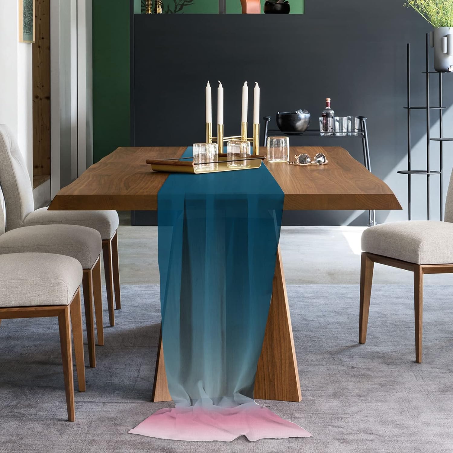 Chiffon Table Runner, Navy Blue Pink Ombre 10Ft Sheer Wedding Table Runner, Modern Abstract Art Aesthetics Farmhouse Dress Scarves Gauze Table Runner Kitchen Island/Party Décor 27"x120"