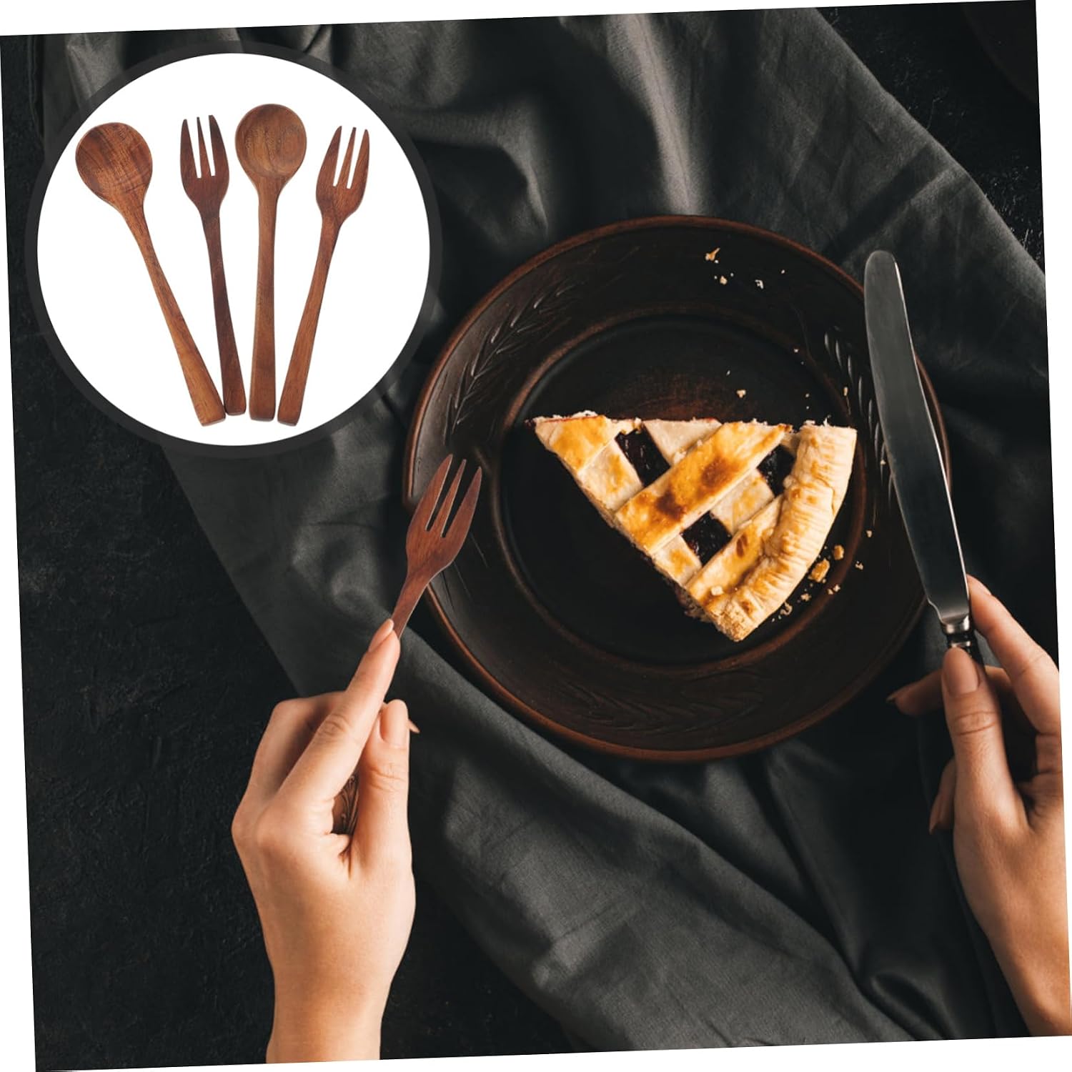 OUNONA 3sets Elegant Wooden Fork Spoon Set Multi-function Salad Fork Serving Spoon for Dessert Fruits Easy to Clean and Carry
