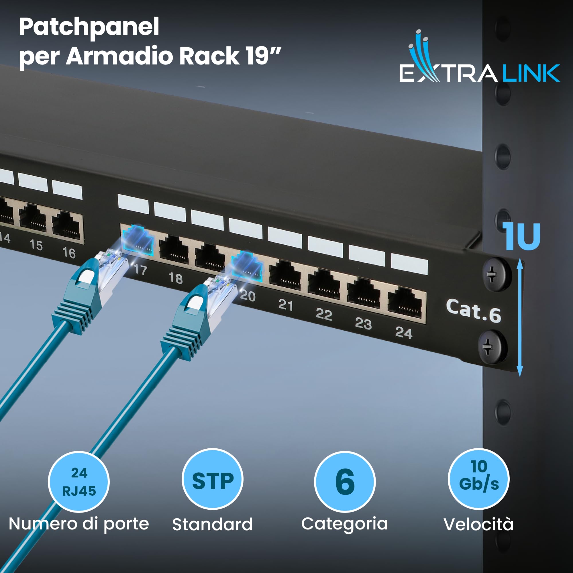 Extralink Patch Panel 24 Porte RJ45 Cat 6 STP 19 Pollici 1U per Rack