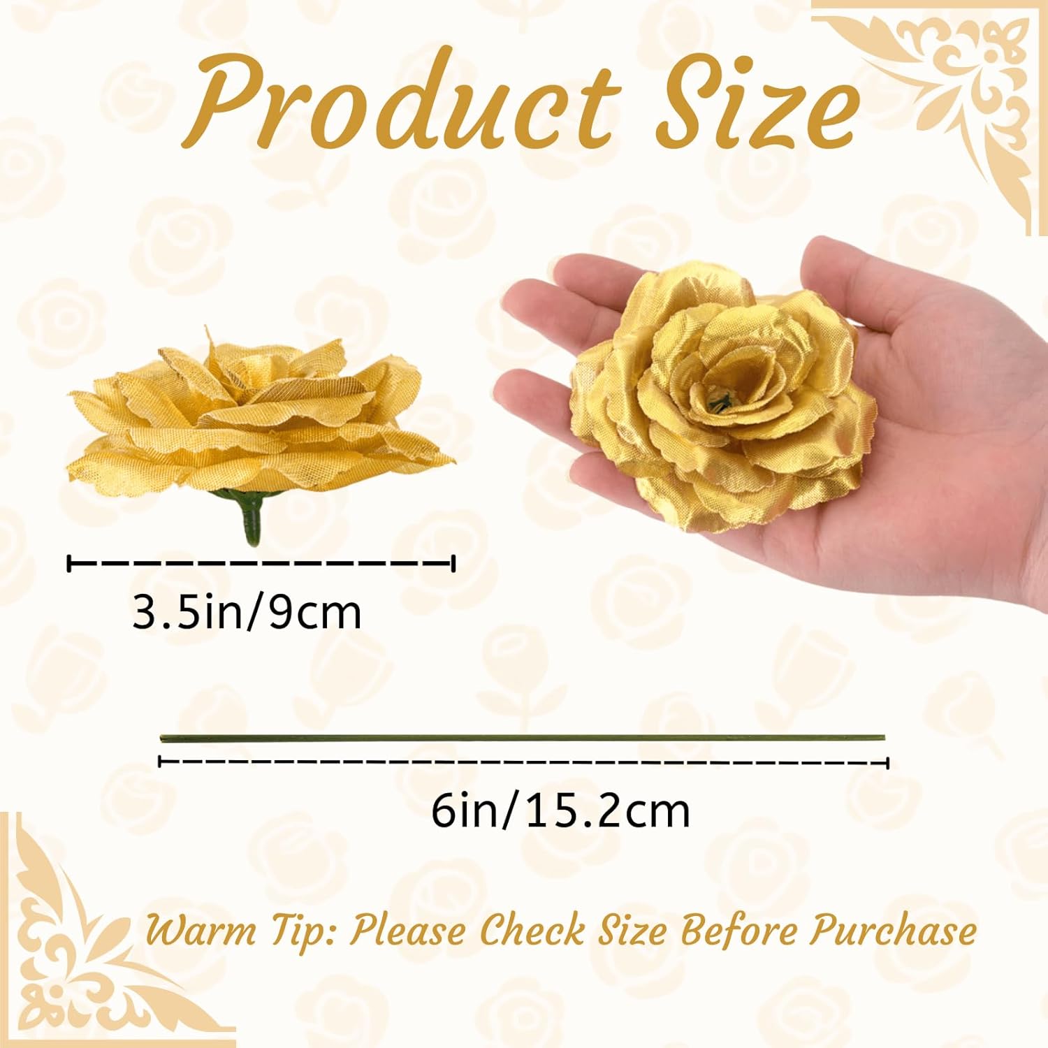 Youeon 100 Pcs 3.5 Inch Gold Artificial Rose Heads with Stems, Silk Rose Faux Flower Heads Bulk for DIY Wedding Bouquets, Party Table Centerpieces, Home Decor, Craft Floral Arrangements