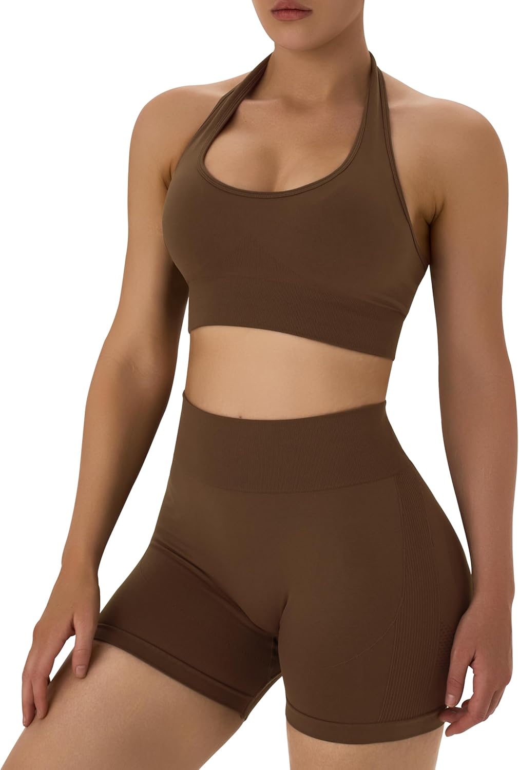 OLCHEE Workout Sets for Women 2 Piece Backless Halter Sports Bra High Waist Booty Shorts Yoga Gym Outfits Lounge Activewear - Image 5