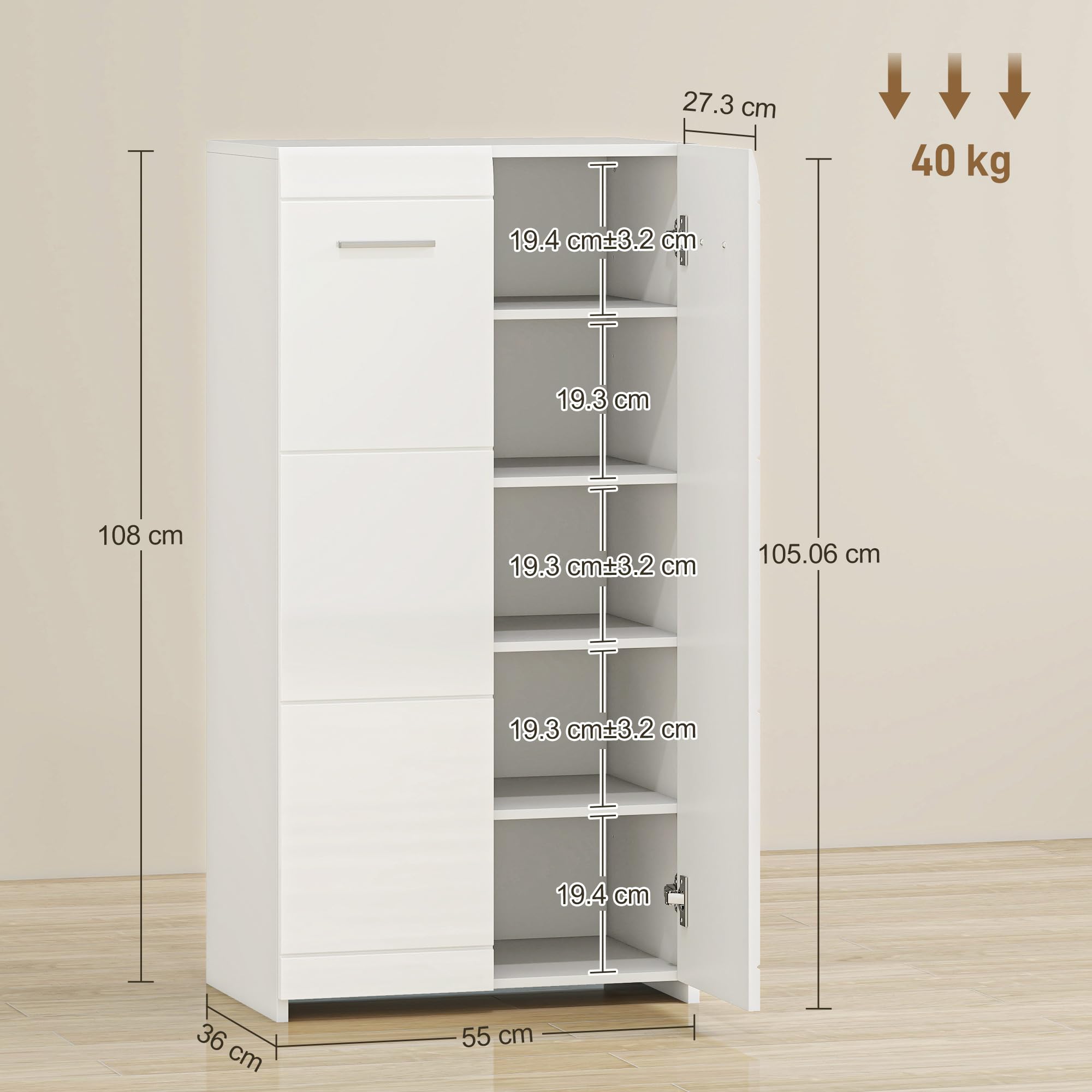 HOMCOM Scarpiera Ingresso con 5 Ripiani, Scarpiera Armadio Moderno a 2 Ante con Ripiani Regolabili Rimovibili, Porta Scarpe Salvaspazio per 10 Paia per Corridoio, 55x36x108 cm, Bianco Lucido