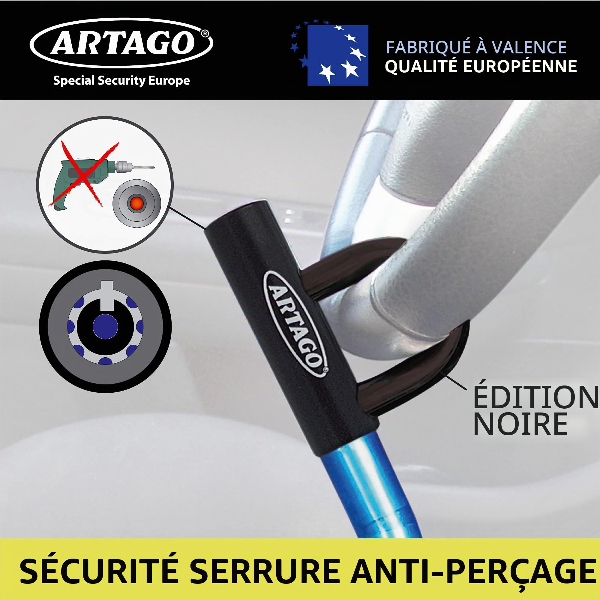 Artago 582/B Antivol Voiture Volant Siege Flexible, Plus Pratique, Câble d'Acier Blindé Articulé, Serrure a Disque Bloc Canne Barre Anti Vol a Clef, Universelle pour Bloque Auto, Camping Car, Van