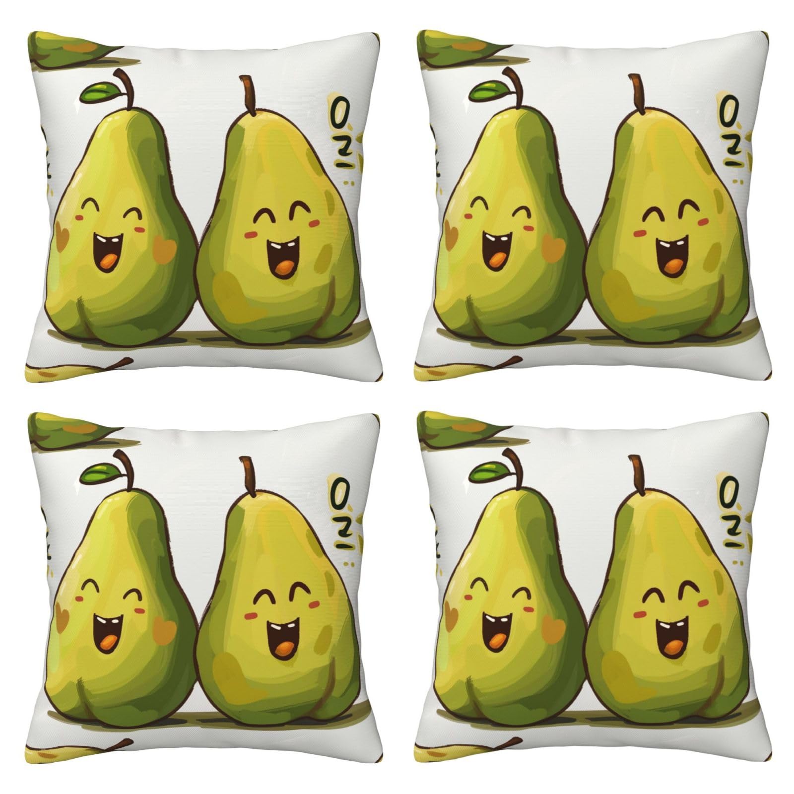Cartoon Pears Throw Pillow Cases 4 Pack Square Pillowcases Super Soft Pillow Protectors With Zipper for Couch Livingroom Sofa Bed Office Car,45x45 CM