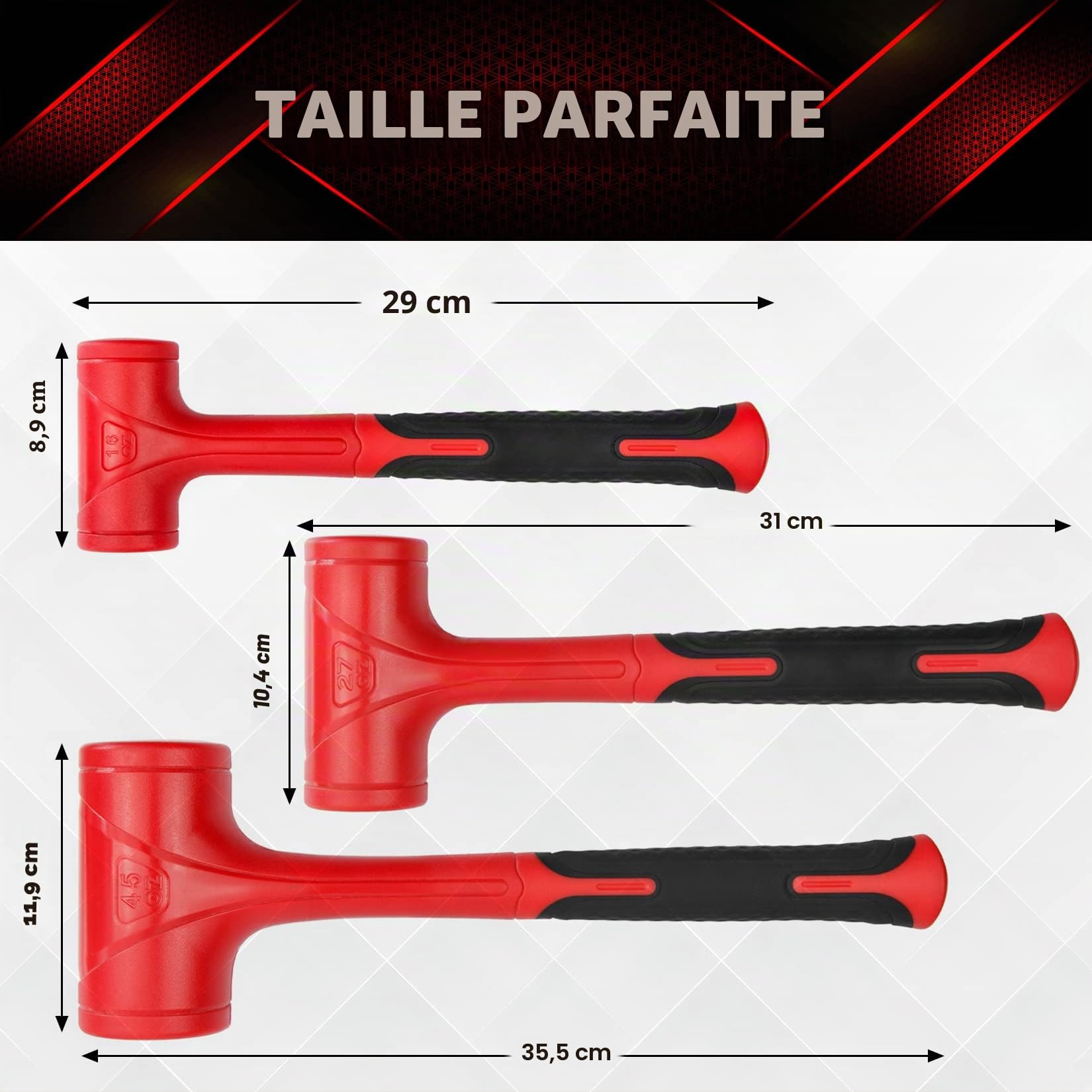 YIYITOOLS YY-3-013 Lot de 3 marteaux à percussion morte 453,6 g (0,5 kg), 765,4 g (0,7 kg), 1,275,7 g (1,4 kg) conception anti-choc, pas de rebondissement, rouge et noir, noir, rouge