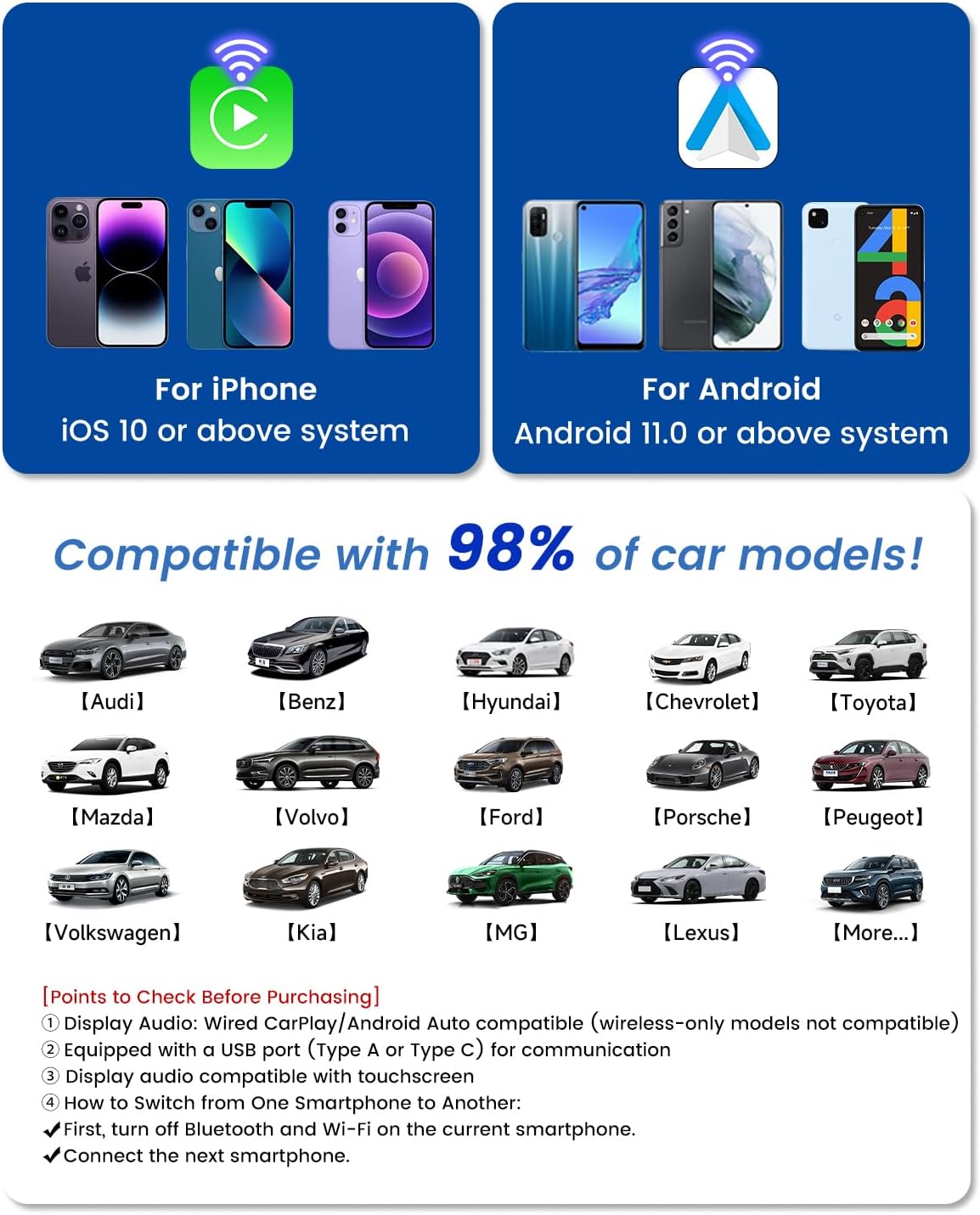 H-Air3.0 Wireless CarPlay & Android Auto Adapter, 2026 Upgrade, Plug & Play USB Dongle, Convert Wired CarPlay Auto to Wireless, No Latency, Fast Connection, for Apple iPhone & Android Phones