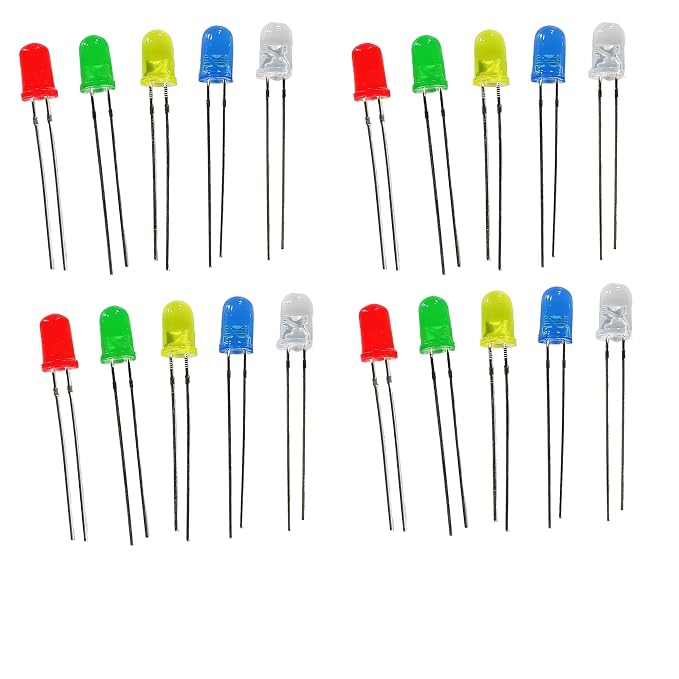 Combo of 20 multicolour LED bulbs, each with 4 pieces in red, blue, white, green, and yellow. With high brightness and input voltage of 3v-3.2v