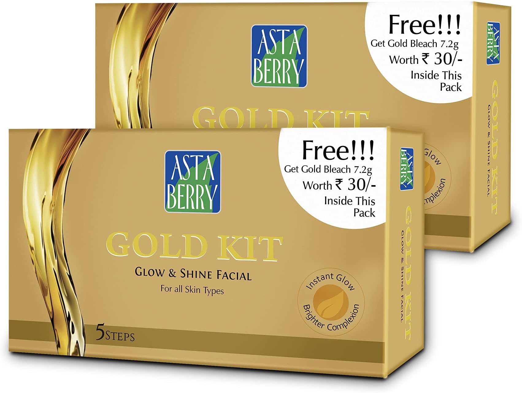 Astaberry Gold Facial Kit With Free Bleach - 5 Step Ultimate look | Skin radiant | Pack of 2 (50ml + 7.2g x2 )