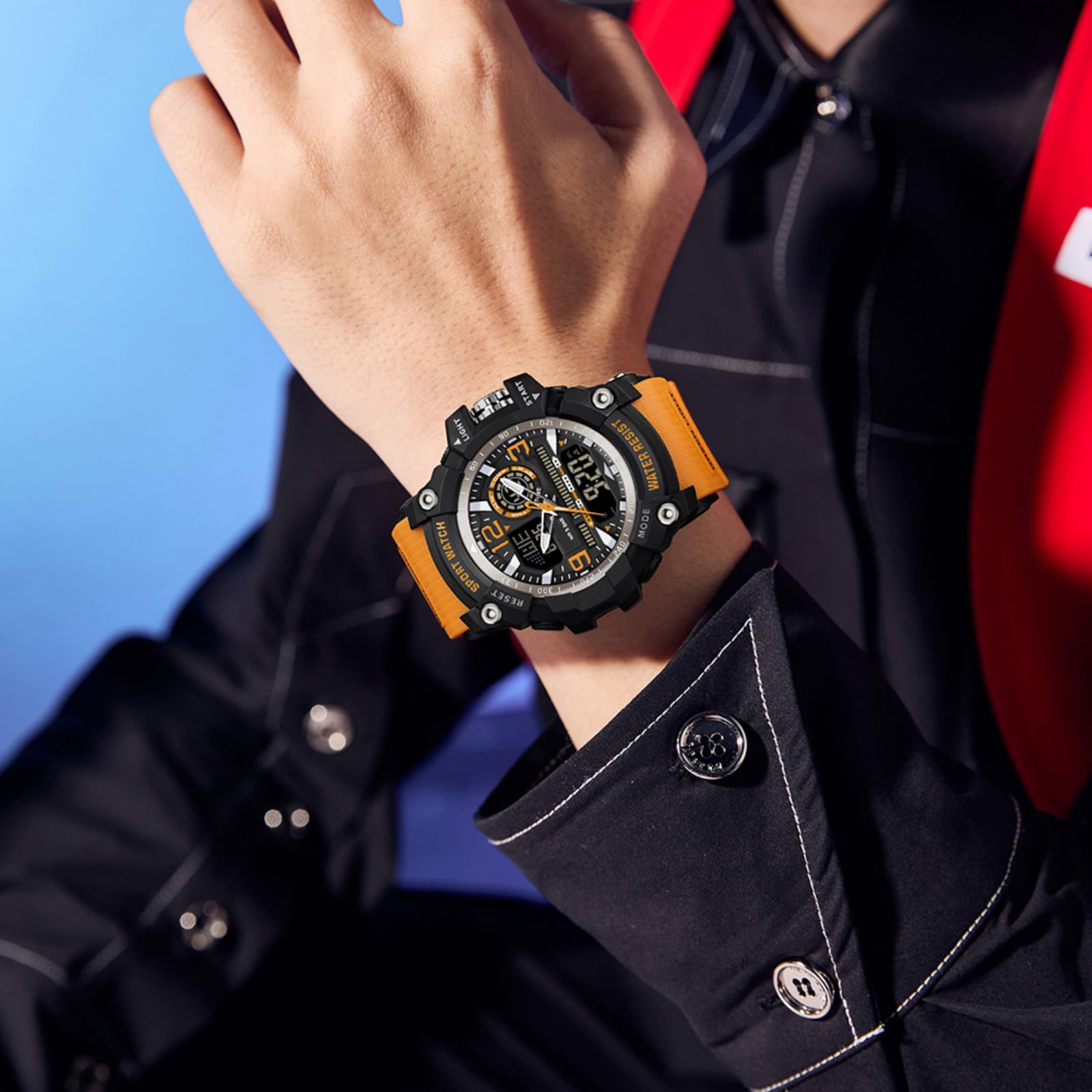 findtime Montres d'extérieur pour homme, numérique, analogique, grande montre, double heure, chronomètre, rétroéclairage LED, 12/24 h, style militaire, design robuste, noir et blanc