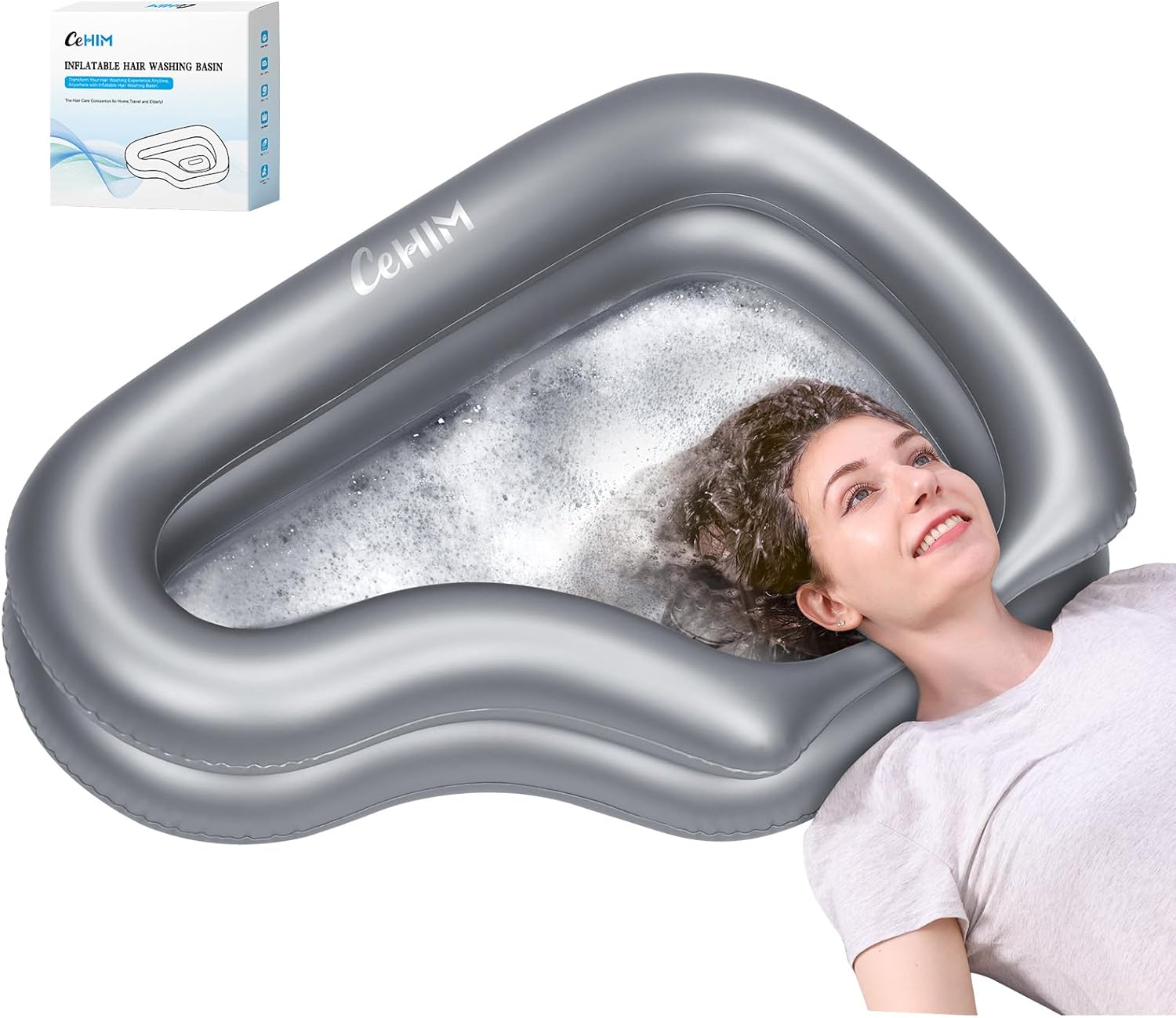 Silver Curved Inflatable Portable Shampoo Bowl, Zero Water Accumulation Hair Washing Basin with Neck Support & Drain Hose For Bedridden Elderly Disabled Pregnant Dreadlocks Home Hospital Care