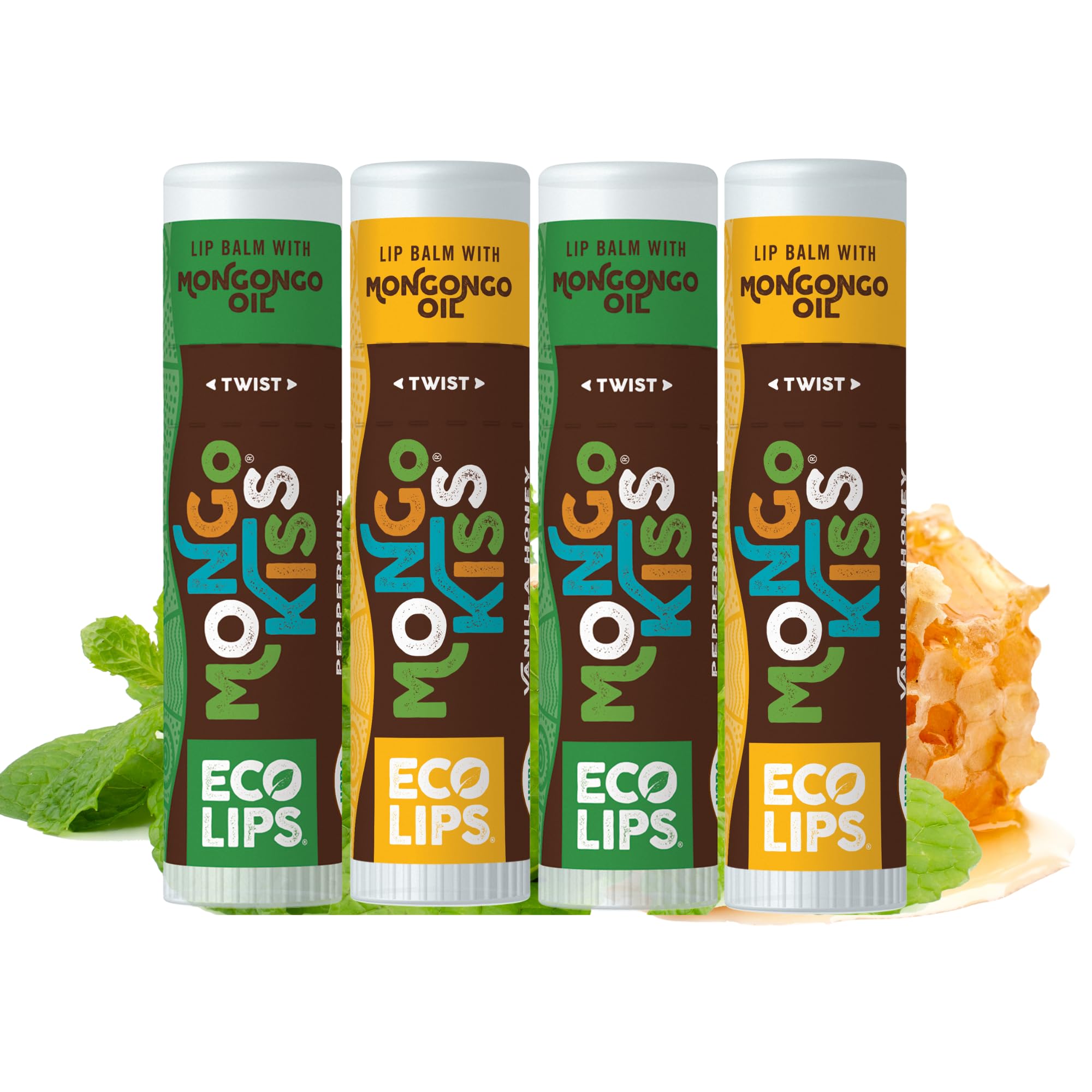 Eco Lips Mongo Kiss Organic Lip Balm 4 Pack - 100 Percent USDA Organic - Soothe, Moisturize Dry, Cracked and Chapped Lips - Made in USA (Peppermint & Vanilla Honey)