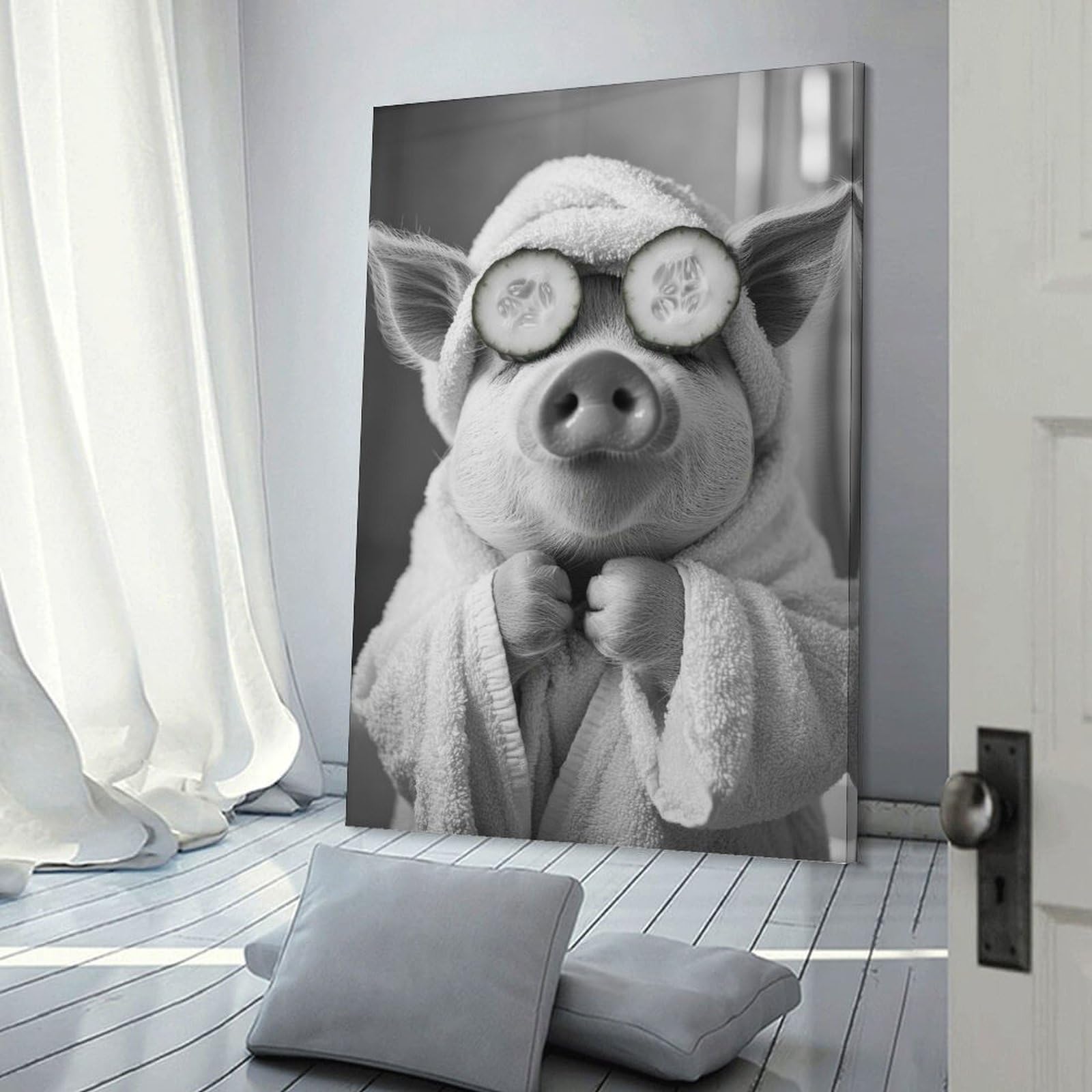 Junmoney Frame-Style-20 Canvas Wall Decor Pig Spa Day Funny Bathroom Poster, 24X36inch(60X90cm), For Home Lounge, Bedroom Or Reading Nook, Eye Catching Artwork For Blank Walls