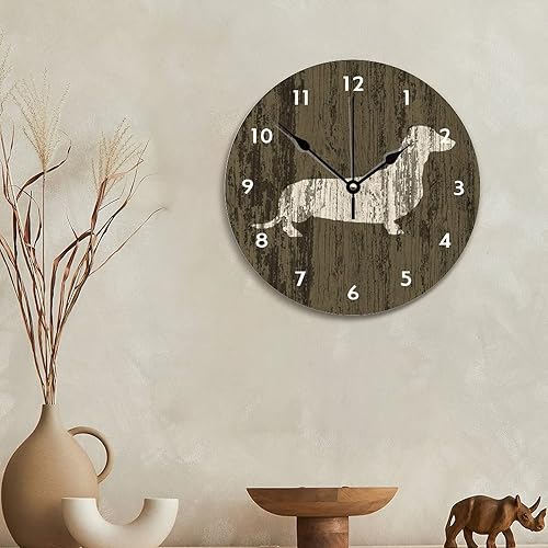 Miniatura 2 de ArogGeld Reloj de pared de perro salchicha desgastado, moderno, elegante, colgante redondo de madera, 10 pulgadas, funciona con pilas, relojes de