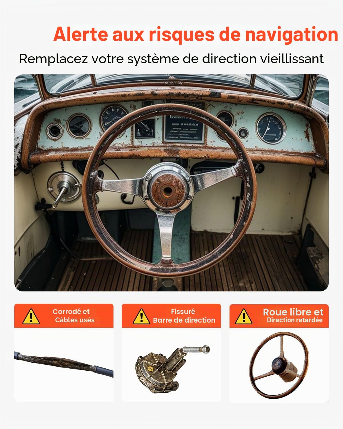VEVOR Kit Direction Hydraulique Hors-bord avec Câble 4,28 m SS13714 et Volant 34,3 cm, Système de Direction Hydraulique Marin, Accessoires pour Bateau Voyage