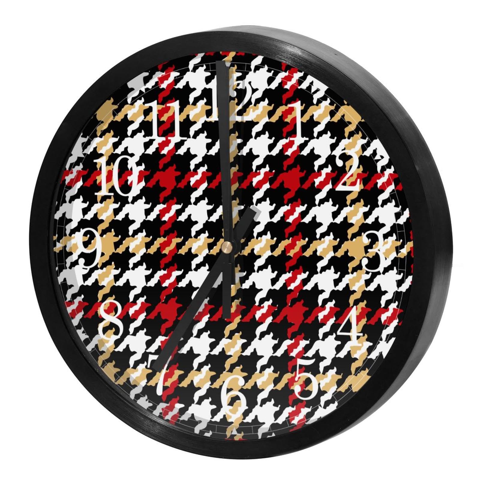 Horloge murale quartz sans tic-tac ronde à piles pour école maison design pied-de-poule coloré