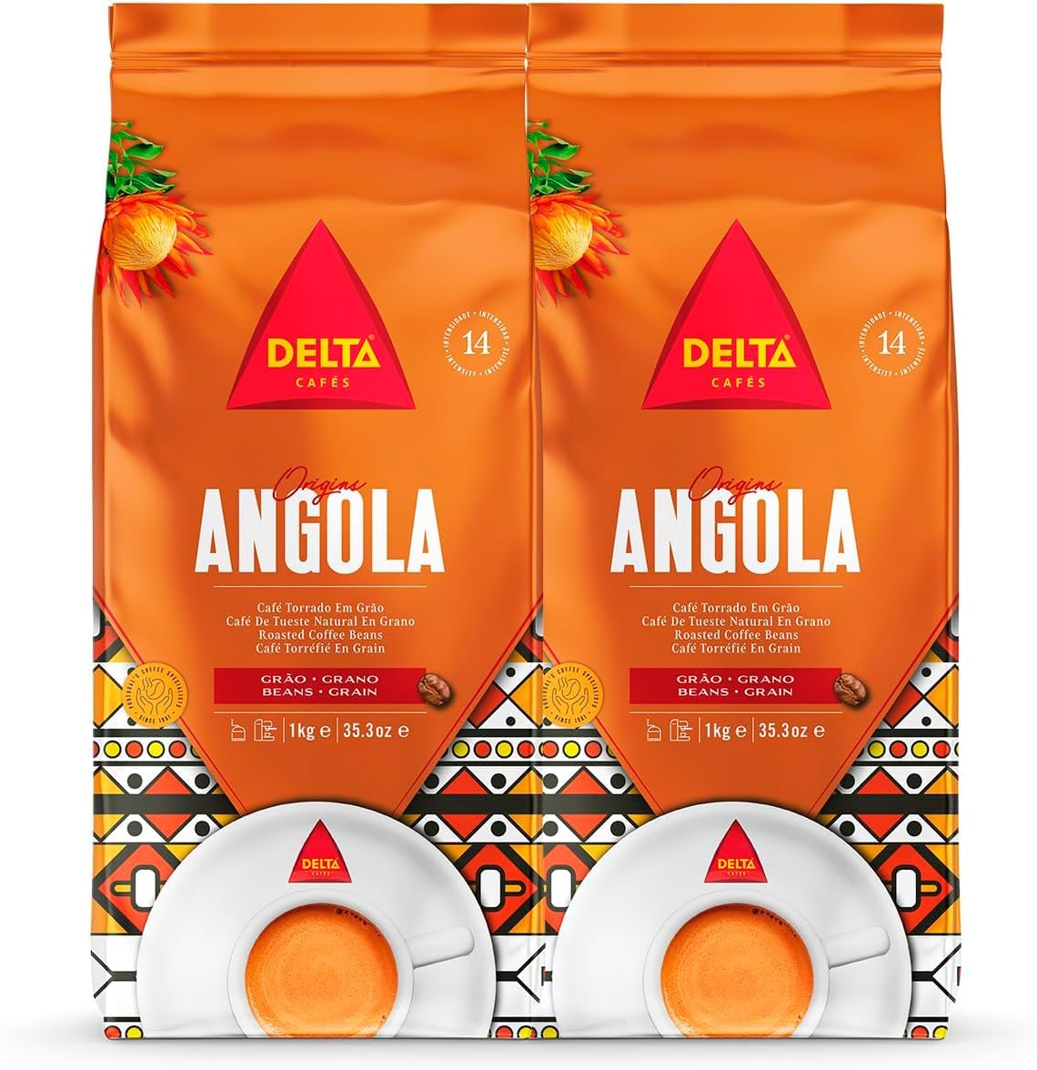 Delta Cafés - Café en Grano Angola - 2 Paquetes de 1 Kg - Intensidad 13 - Mezcla de Granos de Arábica y Robusta Notas Dulces: Caramelo, Azúcar Quemado y Vainilla