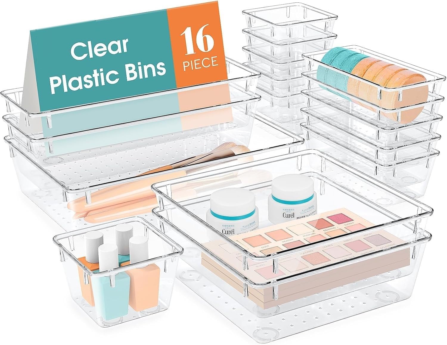 Kuber Industries Set organizer da cucina, set di vassoi organizer per trucchi, vassoio divisorio per cassetto da scrivania, set organizer multiuso, organizer per cancelleria, set da 16 pezzi,