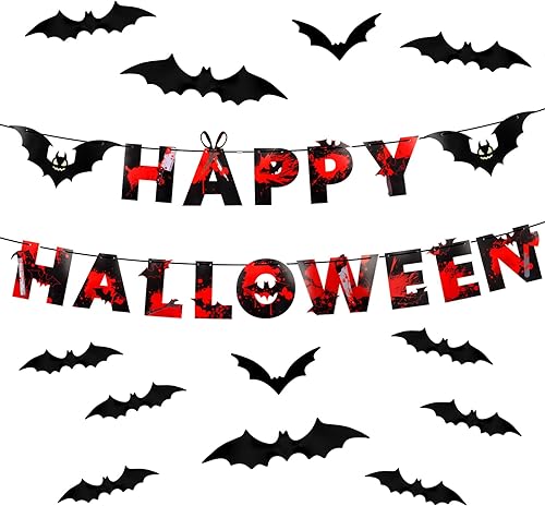 MiniRed Cartel de Halloween, pancarta de Halloween con murciélagos, suministros de decoración de fiesta de Halloween de terror premium (con 12