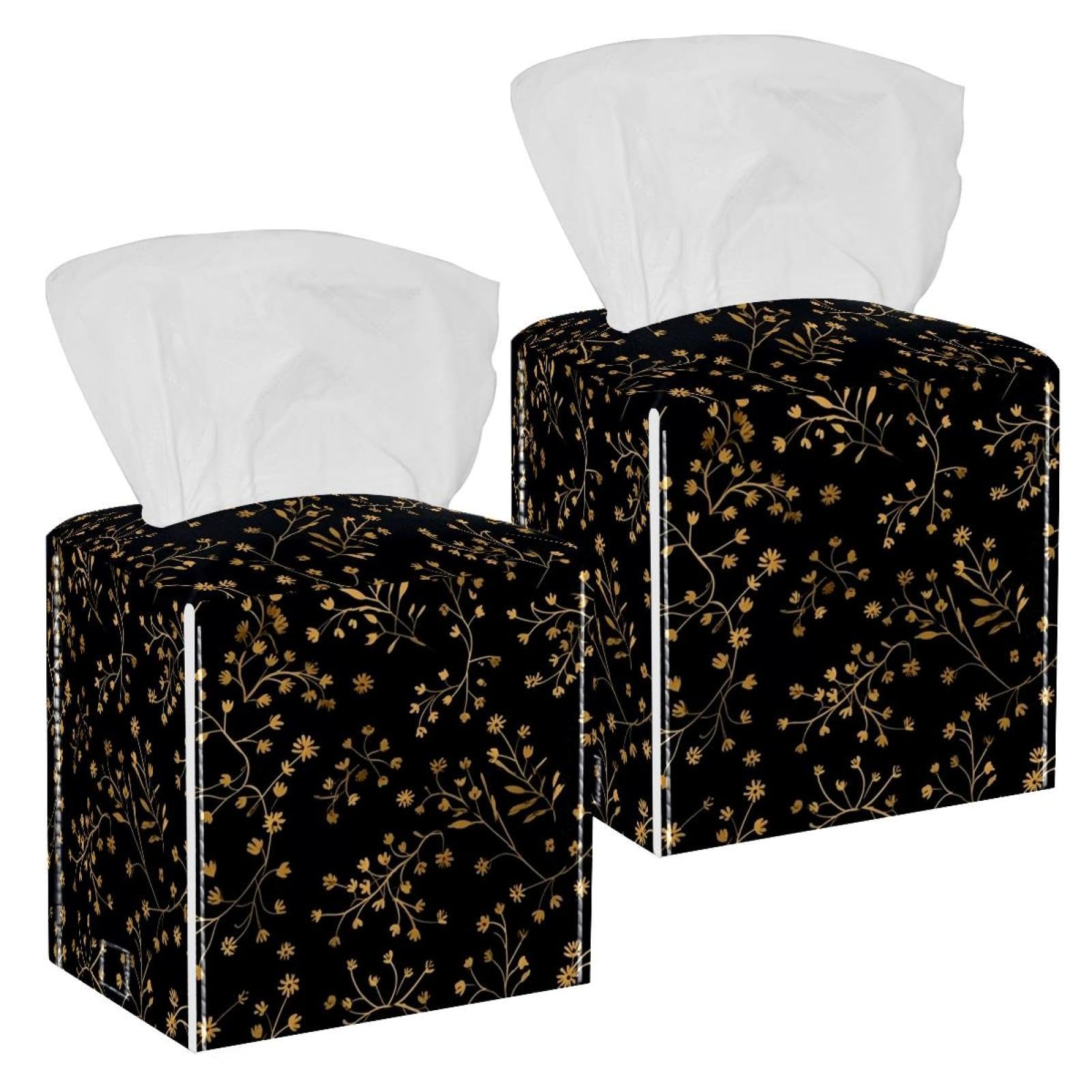 Floral Golden Tissue Box Cover, 2 Pack PU Leather Square Facial Tissue Dispenser Box holder for Home Office Car