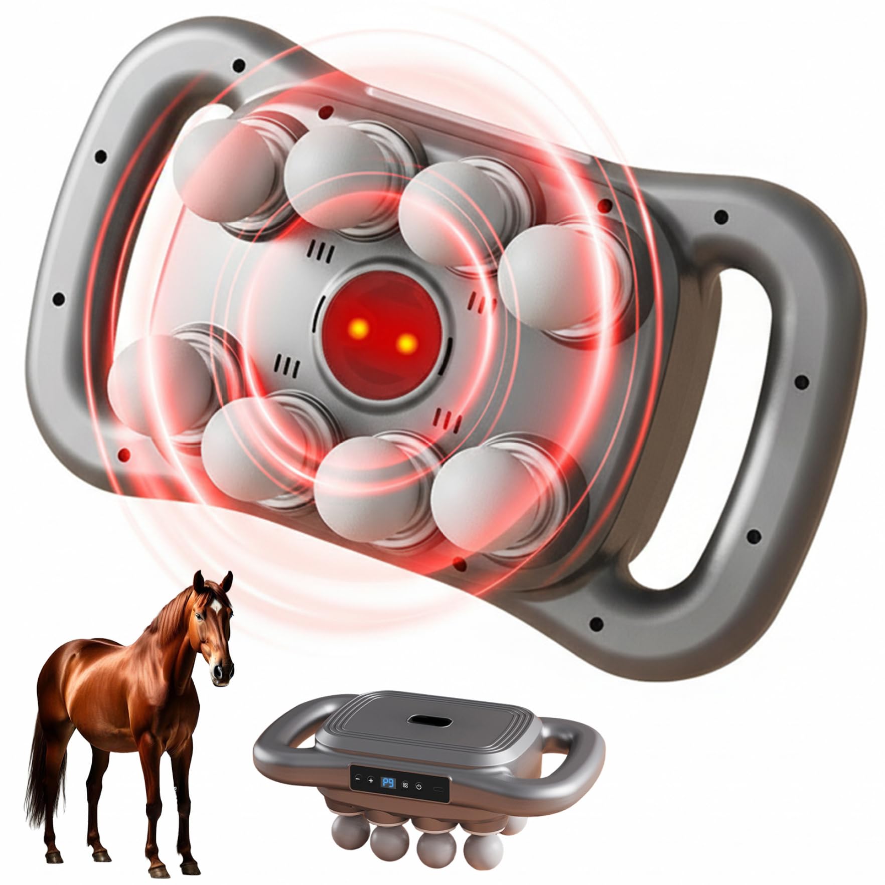 Masseur pour chevaux, pistolet de massage portable à 8 têtes avec 3 modes, 30 niveaux d'intensité et lumière rouge, pour soulager les muscles équins, gris