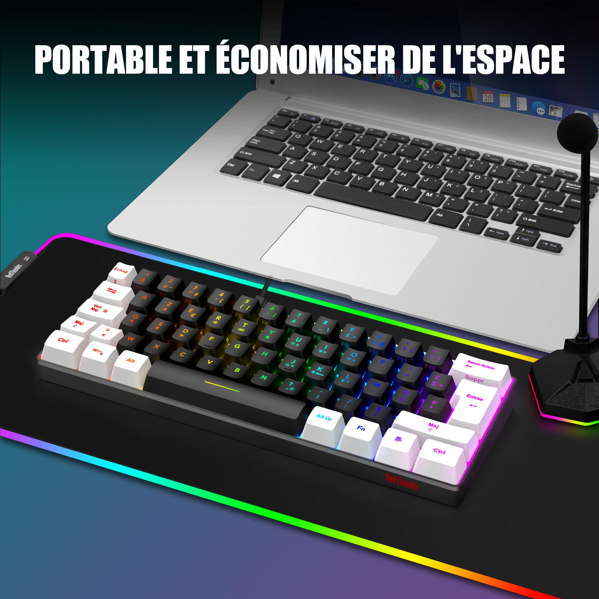 RedThunder 60% Set di tastiera e mouse 2 in 1 Gamer, AZERTY FRANCESE, Mini tastiera ultra-compatta retroilluminata RGB 62 tasti, mouse leggero 6 pulsanti 7200 DPI per PC Mac PS5 Xbox (nero-bianco)