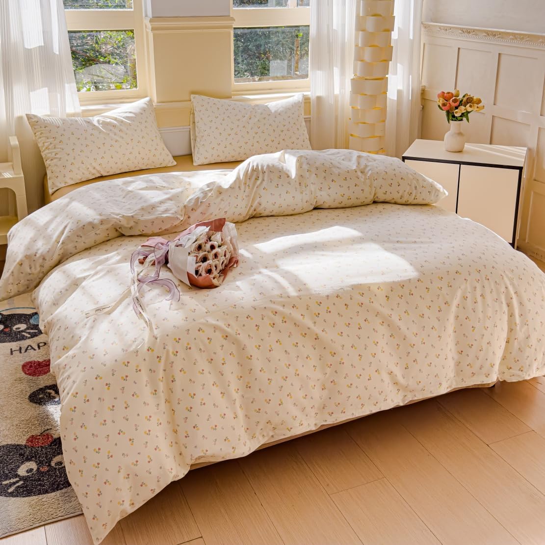LIWHENHAO Duvet Cover Set Queen 100% Cotton Bedding Ditsy Floral Red Yellow Pink Flower Print on Cream White 1 Cottagecore Comforter Cover Full 2 Pillowcases for Kids Girls Boys Woman