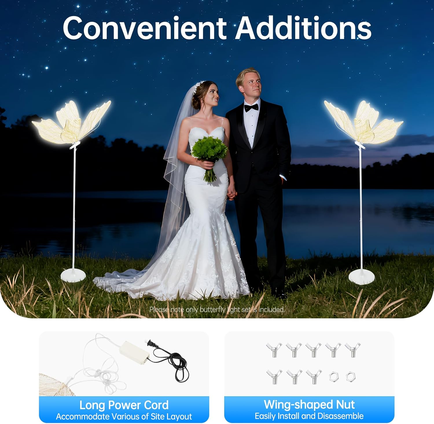 2PCS 23.6" Butterfly LED Floor Lamp, Adjustable Height Hanging Light, Romantic Wedding Decoration Lamp, Dual Use Ceiling Floor Light for Wedding Party Hotel Home Decoration (Golden,white light)