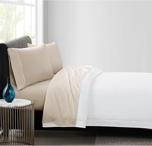 Vince Camuto - Juego de sábanas y fundas de almohada de 4 piezas Queen de 400 hilos - Colección de algodón de percal - Caqui