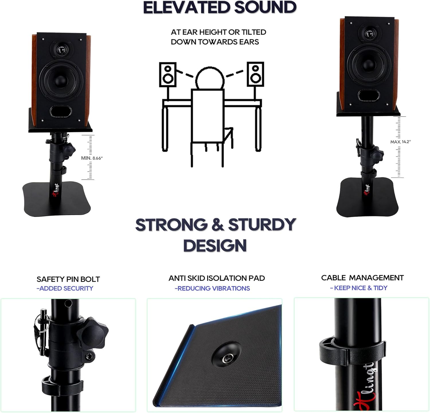 Tlingt Desktop Speaker Stands Pair, Clamp-on Monitor Speaker Stand Riser, 6.7”x7.9” Metal Tray, Adjustable Height, -10° to +10° Tilted Angle, Ideal for 3 to 4-inch Monitor Speaker, Bookshelf Speaker