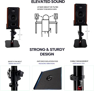 Desktop Speaker Stand Pair, 17x20 cm Metal Tray,10° to +10° Tilt, Flat Base Universal Fit for Any Desk Surface, Perfect for 3-4 Monitor & Bookshelf Speakers