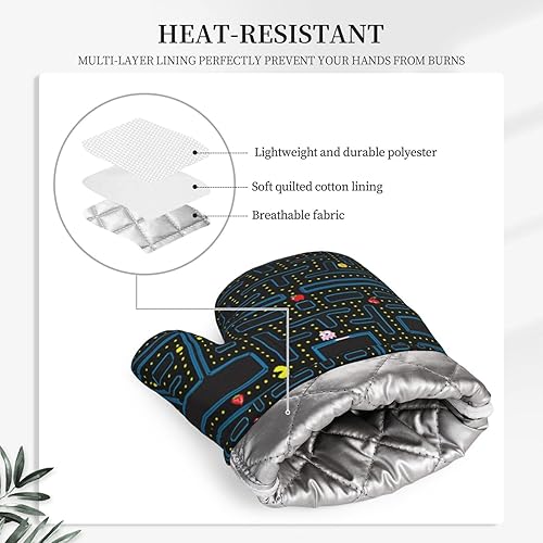 Miniatura 5 de Juego de guantes de horno y soportes para ollas con patrón de videojuegos retro, resistentes al calor, antideslizantes, de silicona, con guantes de