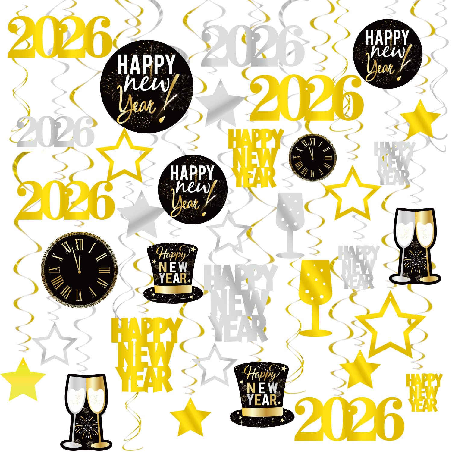 GOER 2026 New Year Festival Party Supplies 31 Pcs Hanging Swirl and Celebration Card,Gold and Black Party Supplies for 2026 New Year Eve Decorations