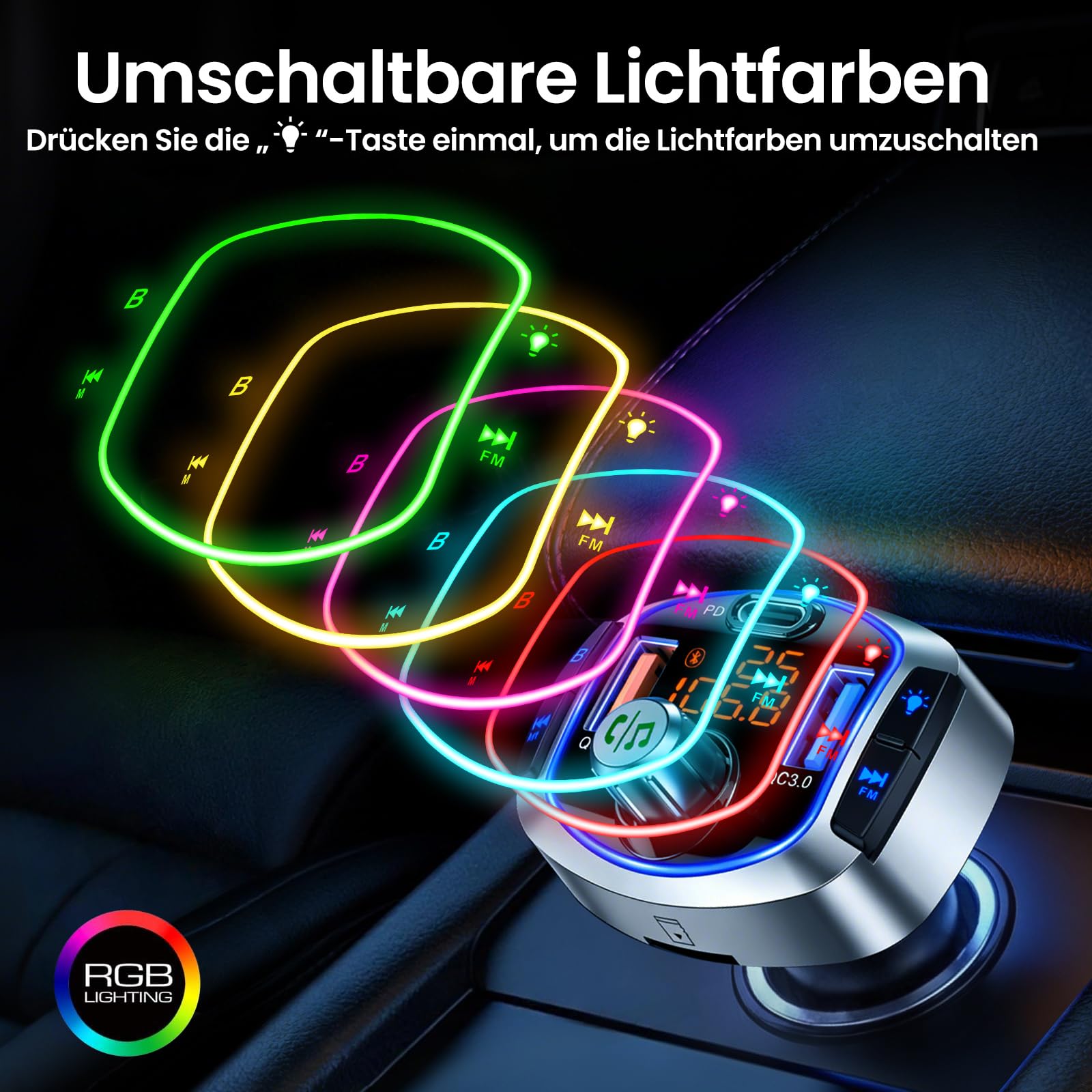 GizmoVine FM Transmitter Auto Bluetooth 5.4 mit 81W（PD 45W & QC3.0 36W） Fast Charge, Bluetooth Adapter Auto Zigarettenanzünder Freisprechen, Siri/Google Assistant, Hi-Fi Bass & LED-Licht - 4