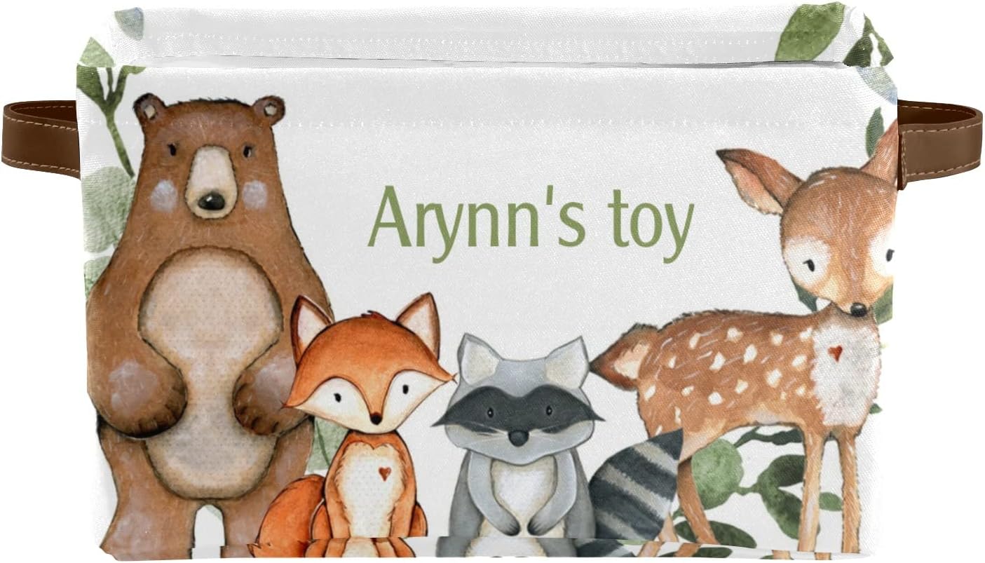 Floral Forest Animal Bear Deer Personalized Storage Bins ,Baskets Cubes Organizer with Handle for Shelves Closet Nursery Toy 4 Packs