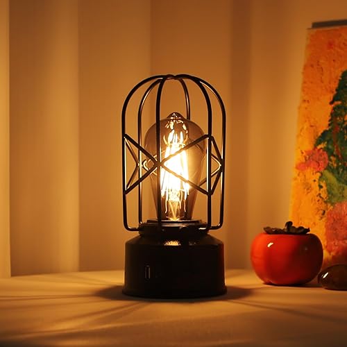 Miniatura 7 de Lámpara de mesa pequeña de tacto industrial para dormitorios, lámpara de noche vintage regulable de 2 vías con puertos USB C y A, lámpara rústica,