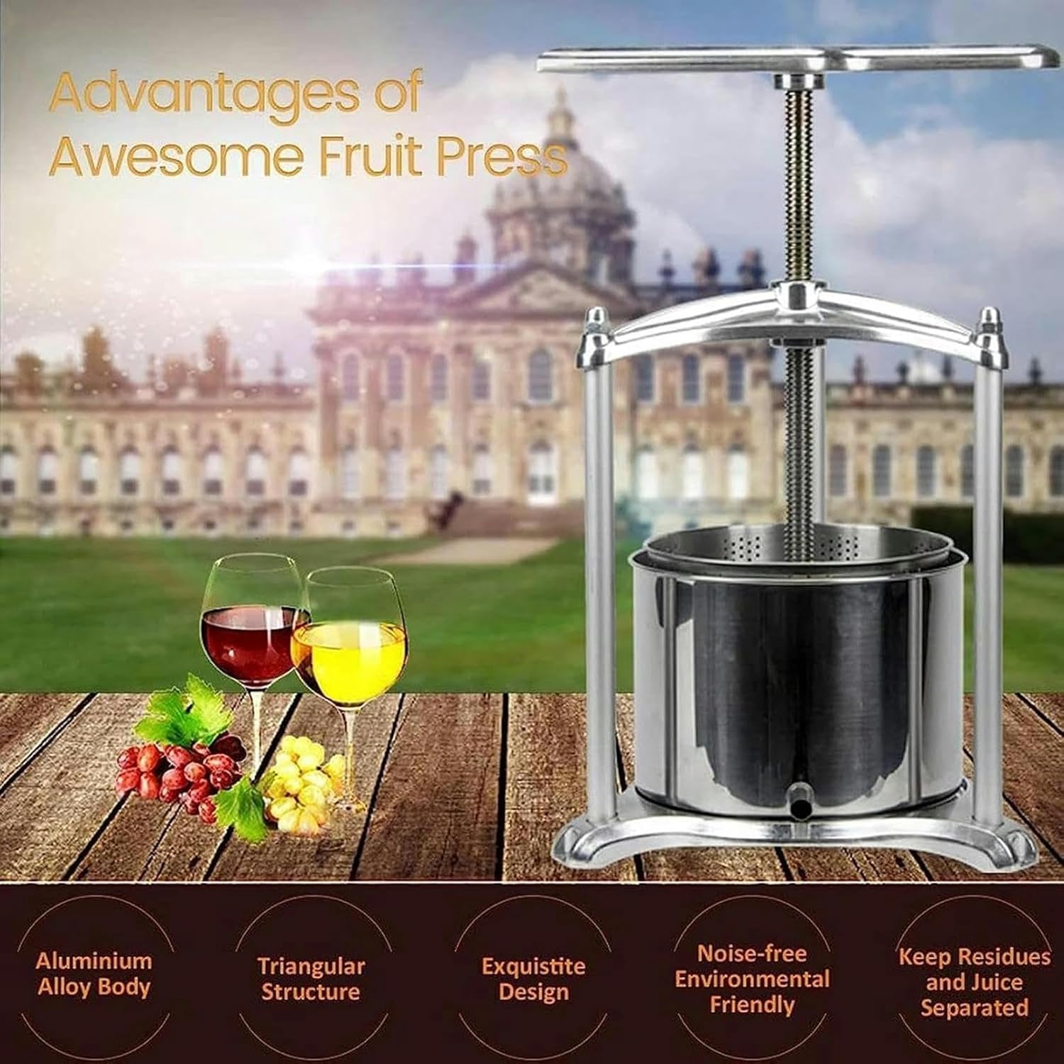 Radial Extractor Grape Press, Manual Wine Grinder, Fruit Wine Press with Triangular Structure and T-Handle for Making Wine