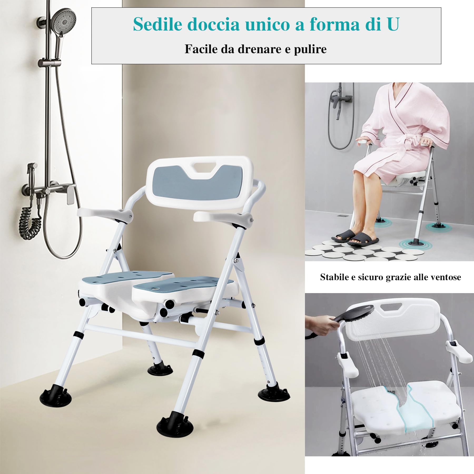 NJUN Sedia da Doccia Pieghevole per Anziani e Disabili, Sedia per Vasca da Bagno, Sedile Antiscivolo, Bianco, Alluminio