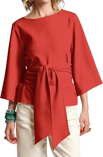 TERIVEEK Womens Waist Belted Blouse 3/4 Trumpet Sleeve Tunic Tops 2026 Summer Business Casual Loose Fit Crew Neck Shirt